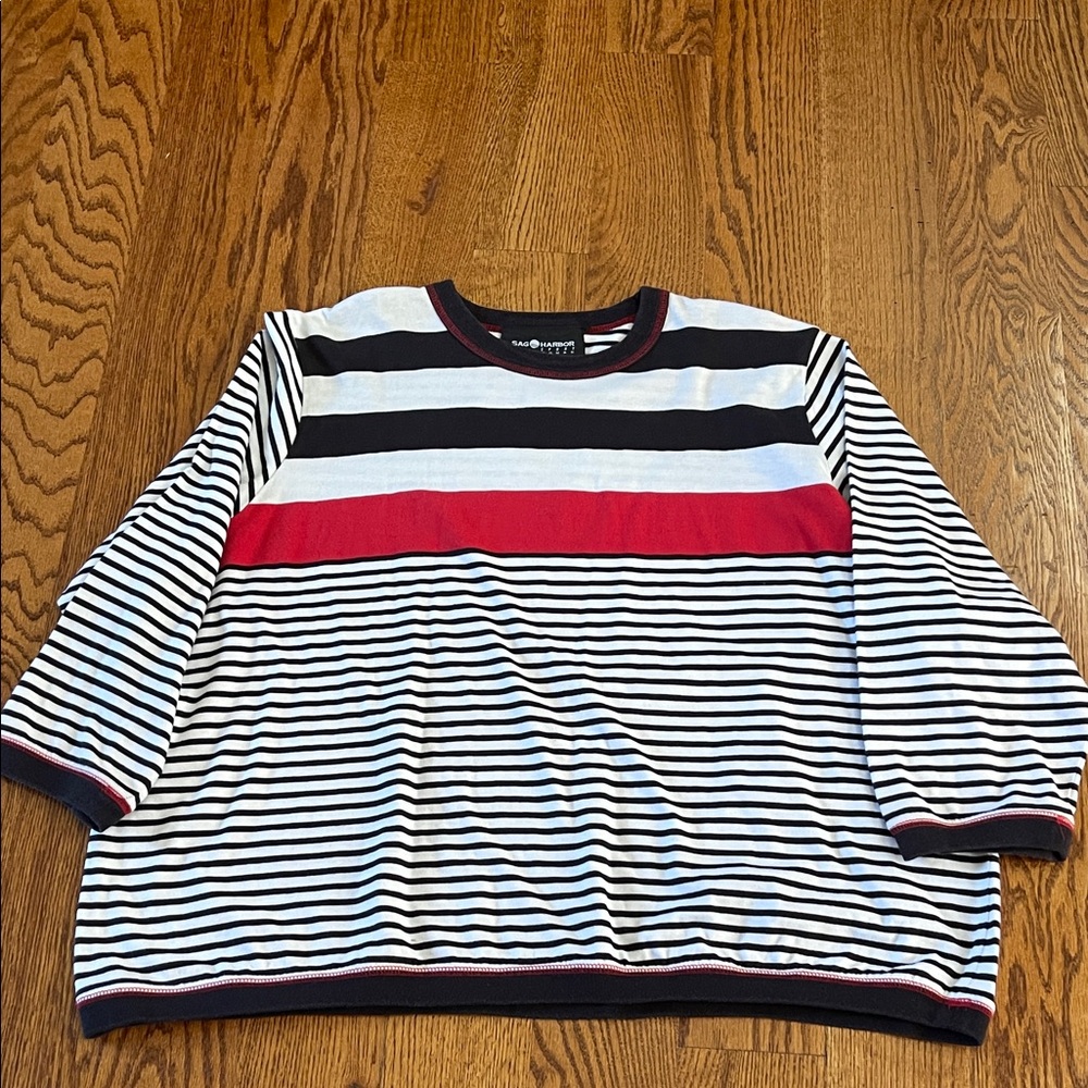 Sag Harbor Women's Crewneck Top - Black, White, Red Stripes